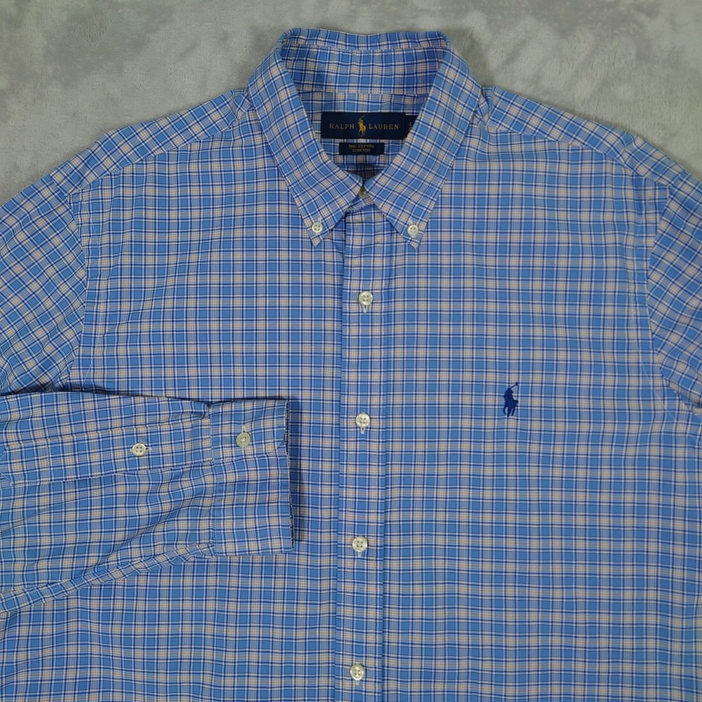 Polo Ralph Lauren Cotton Stretch Shirt Mens L Blue Plaid Button Down Pony